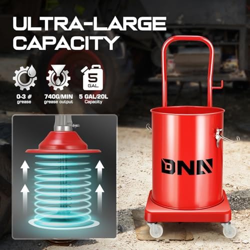 DNA Motoring 5 Gallon Air Grease Pump, 20L High-Pressure Grease Pump Set, Portable Pneumatic Grease Pump with Wheels, w/ 13ft High Pressure Hose, Grease Gun, TOOLS-00661