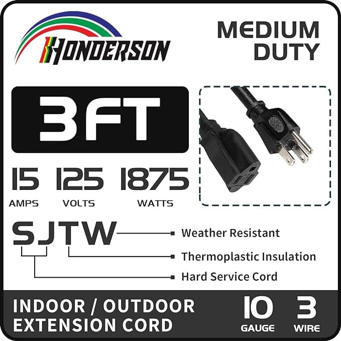 Extension Cord Weatherproof, UL Certified, 10 Gauge 3FT Black 3 Prong Heavy Duty, 10/3 SJTW 15A Power Cord for Lights, Appliances, Lawn