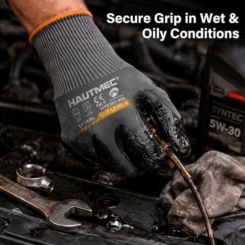 HAUTMEC ANSI A6 Cut Resistant Work Gloves for Men Women, EN388 4X42F Cutting Proof Gloves, Breathable 13-Gauge HPPE, Nitrile Coated, Touchscreen, Reinforced Thumb Saddle for Construction/Auto(XL)