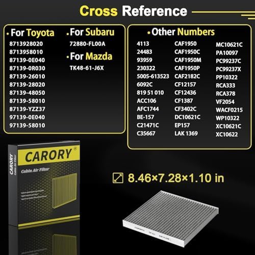 CARORY Cabin Air Filter w/Activated Carbon for Toyota Camry, Corolla, RAV4, Prius, Highlander, Sienna, Venza, Crown, Lexus ES350, ES300h, NX250, RX350, RX450, Subaru Outback, Mazda CX9 and More, CF157