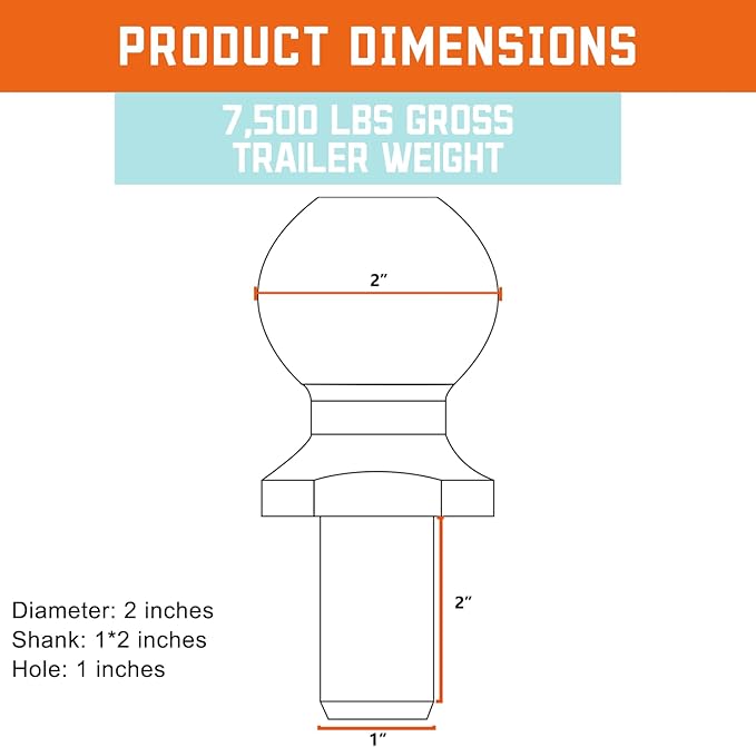 Trailer Hitch Ball 2-inch, 7,500LBS GTW and 750LBS TW, 1 x 2-Inch Shank, Fit 1-inch Hole, Tow Hitch Ball Fit for RV Towing, Motorcycles & Powersports