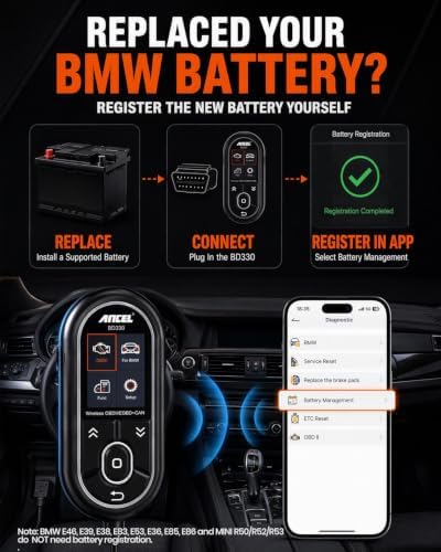 ANCEL BD330 BMW OBD2 Scanner for BMW, MINI, and Rolls-Royce Vehicles, ABS Full-System Diagnostic Scan Tool, Battery Registration/BAT Check, EPB/Oil/Throttle Reset, 3-in-1 Bluetooth/Wired/HUD- Black