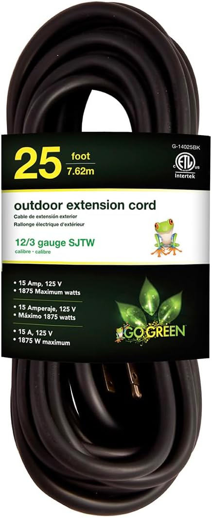 Go Green Power Inc. (G-14025BK) 12/3 SJTW Outdoor Extension Cord, Black, 25 ft