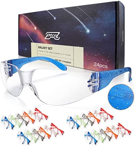 24 Pack Safety Glasses in 6 Galaxy Colors Proective Goggles Anti Scratch, Impact Resistant Clear Eyewear Unisex with ANSI Z87.1 for Laboratory, Shooting, Construction
