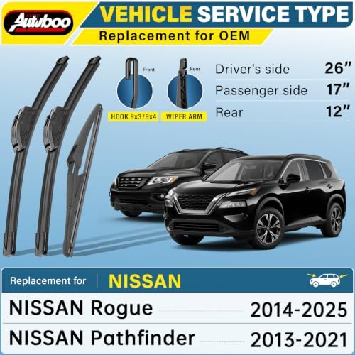 AUTOBOO Silicone Windshield Wiper Blade Replacement for Nissan Rogue