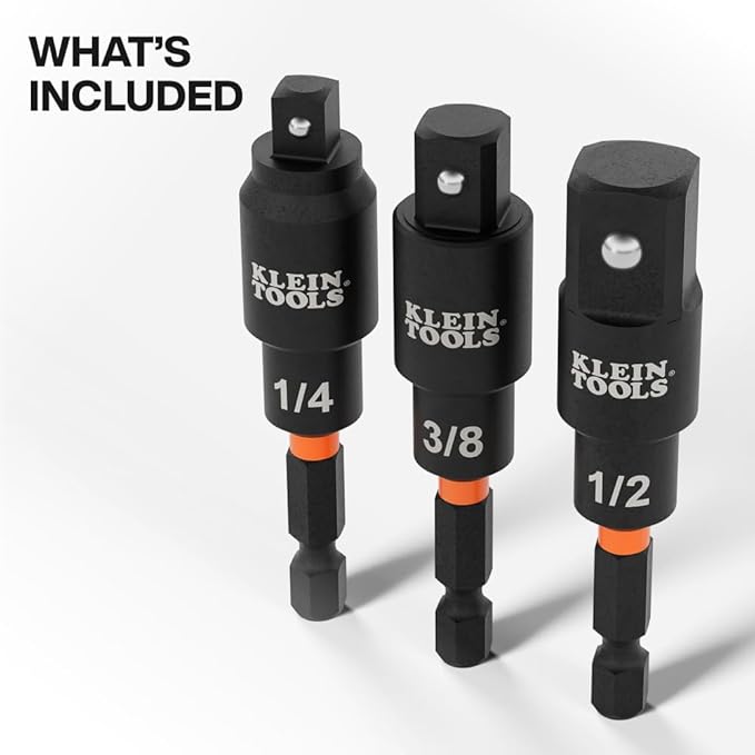 Klein Tools 65813SW 3-Piece Impact Swivel Socket Adapter Set, 1/4", 3/8", 1/2" Square Drive, Impact Driver to Socket Extensions, 20-Degree Swivel, Impact-Rated, Ball Detent