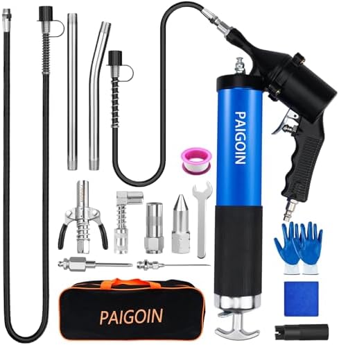 Pneumatic Grease Gun Kit 6000 PSI Heavy Duty 14 OZ Pistol Grip Grease Guns with 19" & 28" Spring Flex Hose,Quick Release Coupler,90 Degree Adapter,2 Needle Tips,2 Nozzles,2 Extension Tubes