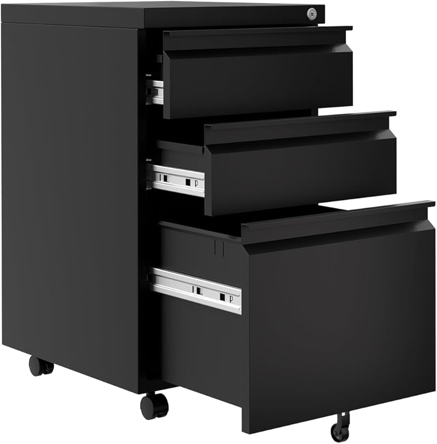 GAOMON 3-Drawer Mobile File Cabinet with Lock, Metal Filing Cabinet on Wheels, Fits Letter/Legal/A4 Files, Space-Saving Under Desk Office Storage Organizer for Home Office, Easy Assembly, Black