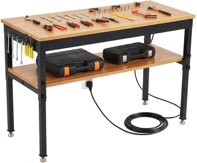 60" Work Bench with Storage Shelf, Adjustable Height Workbench, 60" x 24" Work Benches for Garage, 2500 LBS Tool Bench with Power Outlet for Workshop & Home