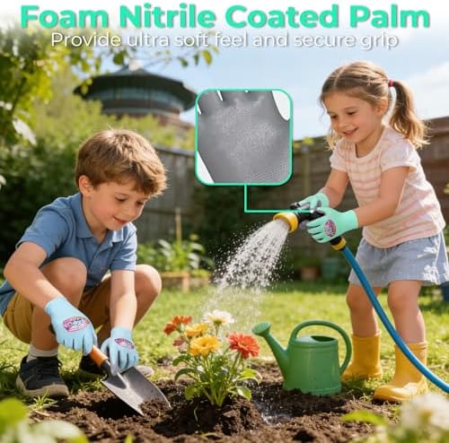 HANDLANDY 2 Pairs Kids Gardening Gloves, Grippy Kids Work Gloves, S