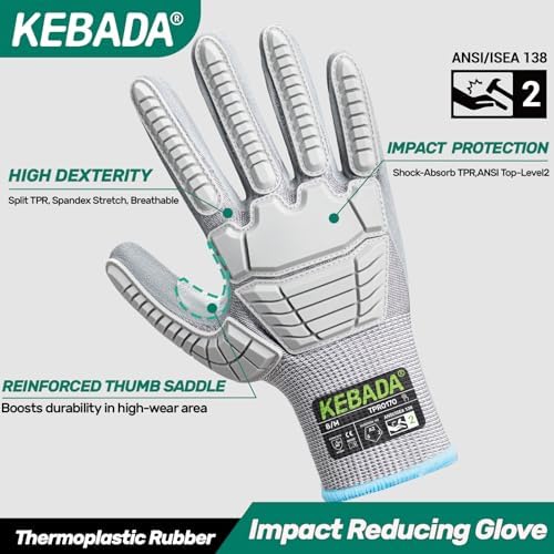 Kebada Impact Protection Gloves, ANSI A2 Cut Resistant, 1/3 Pairs