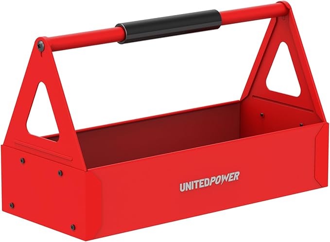 UNITEDPOWER Handy Tool Box, Portable Metal Tote Tray with comfortable grip handle, Tool Organization for Household, Warehouse, Repair Shop, Red