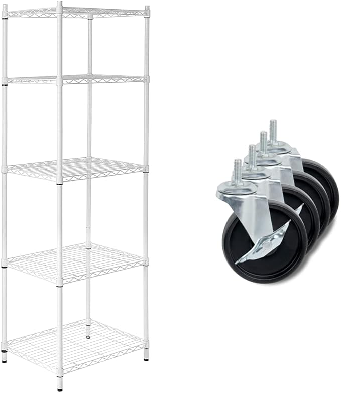 Honey-Can-Do 5-Tier White Shelving Unit (SHF-01055) + 4" Caster Wheels for Shelving Units (Set of 4)