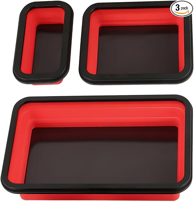 Collapsible Magnetic Parts Tray Set of 3 Different Size, Foldable Silicone Tool Trays for Screws, Bolts, Nuts and Other Small Metal Parts (Red)