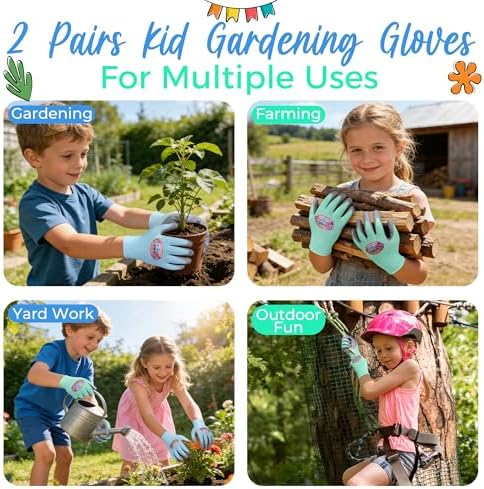 HANDLANDY 2 Pairs Kids Gardening Gloves, Grippy Kids Work Gloves, S