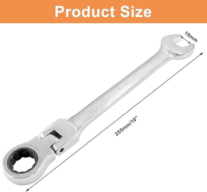 Piutouyar 19mm Flex-Head Ratcheting Wrench, Professional Metric Ratchet Wrench Combination Wrench Box Ended Spanner Tool for Projects Repair(5° Movement and 72 Teeth 12 Point, CR-V)