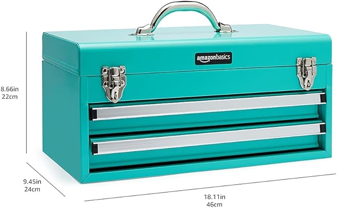 Amazon Basics Steel Tool Box Storage and Organization Drawers, Tool Storage with Powder Coat Finish, 18.11 x 8.66 x 9.45 in, Turquoise