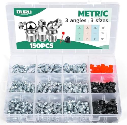 OURU 150PCS Grease Fittings Assortment Kit, Metric with Caps & Wrench