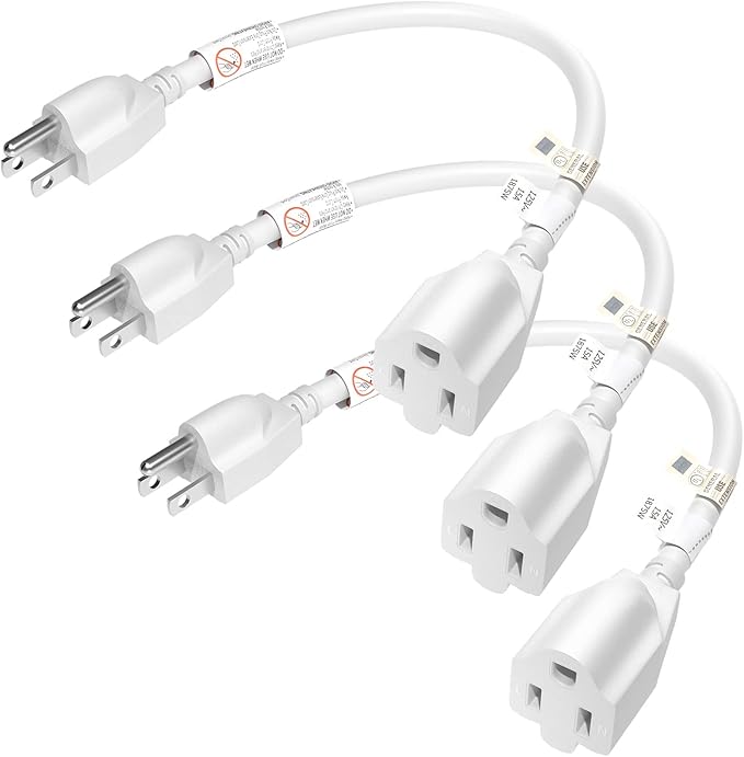 FIRMERST 15 Amp 1 Foot 3 Prong Extension Cord 14 Gauge 1875W UL Listed White, 3 Pack
