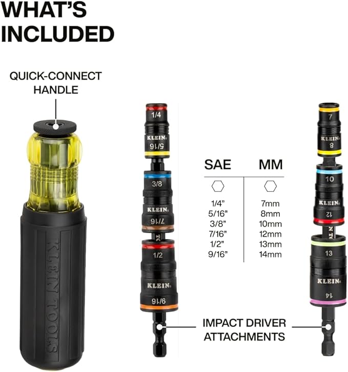 Klein Tools 80192 Impact Metric Socket Set and SAE Socket Set, 7-in-1 and 6-in-1 Kit with Handle, 12 Color-Coded Hex Drivers, Quick-Connect Impact Driver Compatible