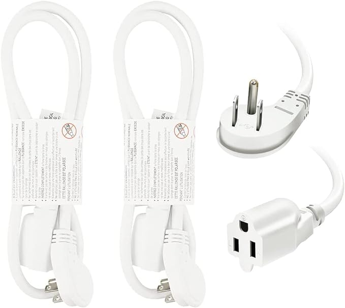 EP 2 Pack 3 Ft Flat Plug Extension Cord, 16 AWG 3 Prong Grounded White Low Profile Extension Cable for Indoor