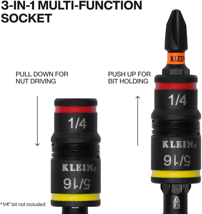 Klein Tools 32931 3-in-1 SAE Impact Socket Set, 1 Flip Socket with 1/4 and 5/16 Nut Driver Sizes and 1/4-Inch Bit Holder, Impact Rated 2-Inch Shaft