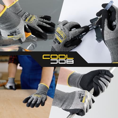 COOLJOB ANSI A5 Cut Resistant Gloves - 1/3/12 Pairs, Nitrile Rubber Dipped Safety Work Gloves for Men, Knife Proof with Grip Coating for Construction Warehouse Glass Wood Work, Grey Xlarge