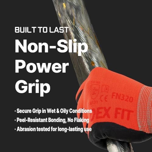 DEX FIT Premium Nylon Work Gloves FN320 - Firm Nitrile Grip, 3D-Comfort Stretchy Fit, Thin & Lightweight, Protective & Durable, Breathable, Machine Washable; Red 9 (L) 3 Pairs