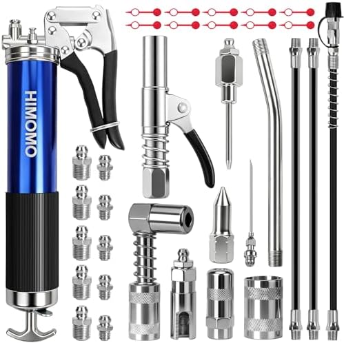 Mini Grease Gun, 7000 PSI Heavy Duty Pistol Grip Grease Gun Kit with 14 oz Capacity, Quick Release Grease Gun Coupler One-Hand with 14" & 12" Flex Hoses, Grease Adaptor, Nozzle, Grease Needle