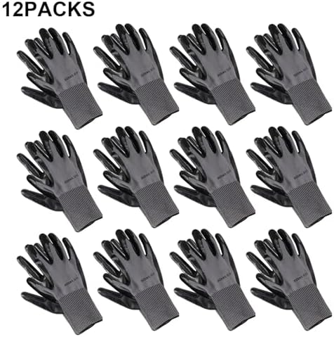 work gloves MicroFoam Nitrile Coated-12 Pairs Pack,Seamless Knit Nylon Glove with Black Micro-Foam Nitrile Grip,Ideal for General Work Gloves for Men & Women