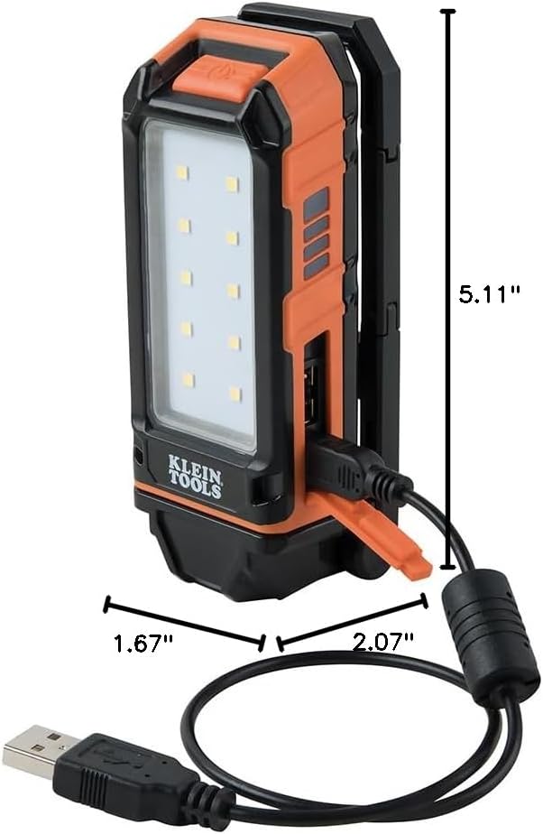 Klein Tools 56403 LED Light, Rechargeable Flashlight/Worklight with Kickstand, Magnetic Mount, and Carabiner, Charges Small Electronics, for Work, Camping