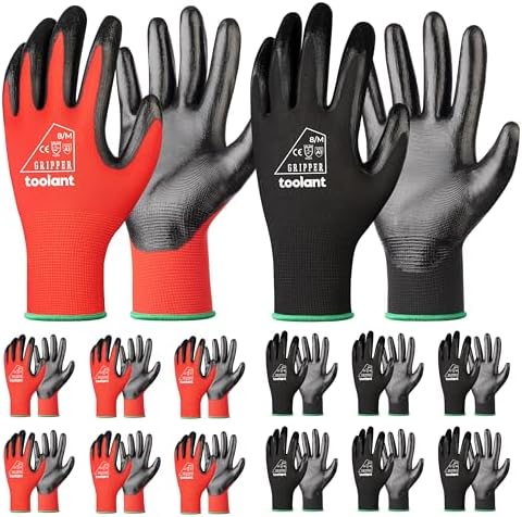toolant Nitrile Coated Work Gloves, 6 Pairs, Red&Black, Medium