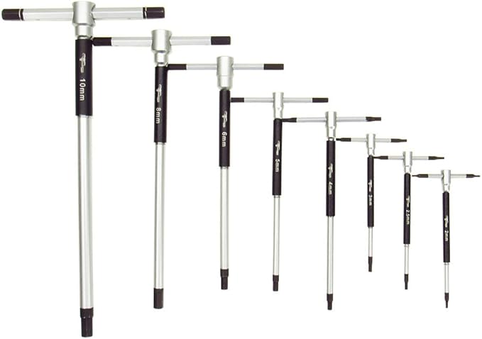Pit Posse 8pc Metric T-Handle Hex Allen Key Wrench Tool Set - 3-Way Rotating Spinning Sleeve for Fast Spin Action - Includes Storage Rack - Made of High Carbon Steel - Auto Bike Moto Bicycle