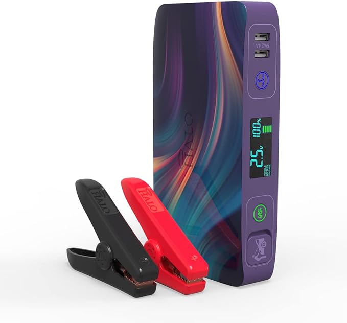 Halo Bolt ACDC Max 55500 mWh - Portable Phone Laptop Charger Car Jump Starter with Outlet, LCD Display, Flood Light and Car Charger - Purple Print