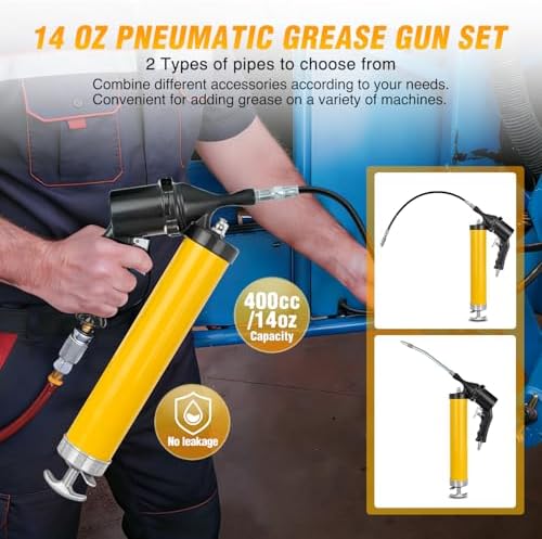 GOOACC Pneumatic Grease Gun 6000 PSI 14oz Heavy Duty Air Operated Grease Gun Kit with 18" Spring Flex Hose Rigid Pipe Coupler Pistol Grip Grease Guns for Automotive Farm Industrial Marine, Yellow 6PCS