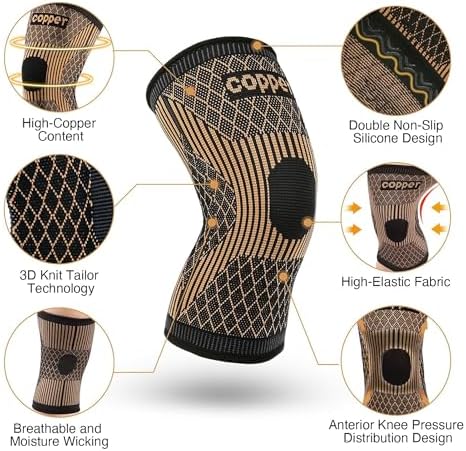 Copper Knee Braces for Women and Men, Compression Knee Sleeve for Knee Pain,Arthritis, Meniscus Tear,ACL, Joint Pain Relief, Knee Support Pads for Running, Workout Sports（Orange, Medium）
