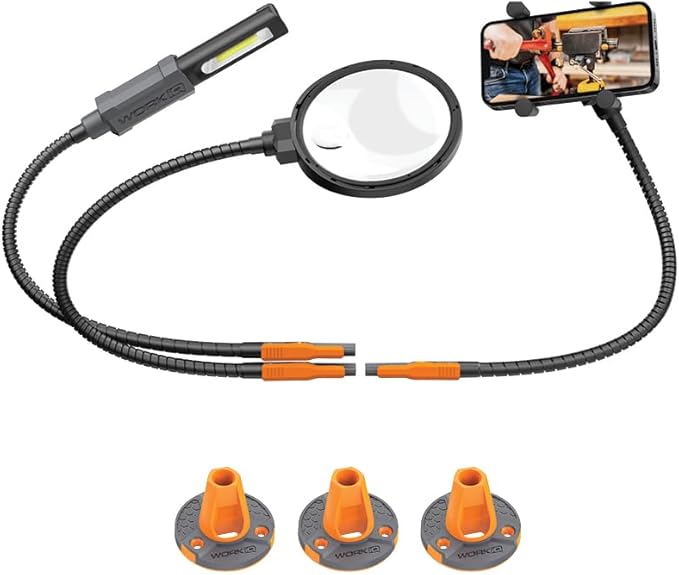 Work IQ Tools IQ Connect | Hands-Free Accessory System with 3 Bench Mounts | Includes Magnifying Glass, Rechargeable Work Light & Cell Phone Holder | Work Bench Accessories Compatible with IQ Vise