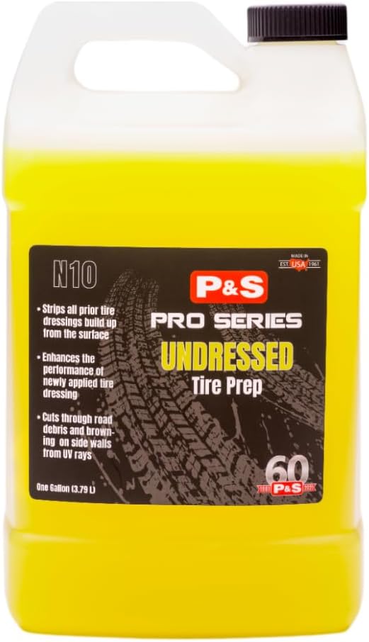 P & S Professional Detail Products Undressed Tire Prep – 1 Gallon – Alkaline Water-Based Tire Cleaner – Removes Dirt, Oil & Grime – Strips Old Dressings – Brightens Whitewalls