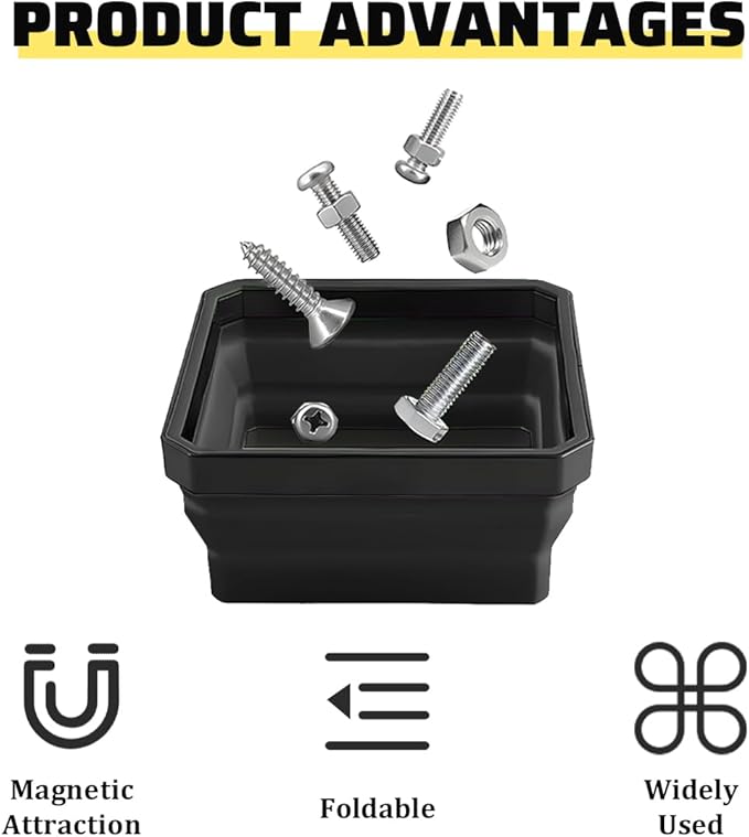 Collapsible Magnetic Car Parts Tray, Foldable Silicone Tool Tray with Magnetic Base, Double-Side Magnet Bowl for Auto Bolts, Screws, Nuts, Small Metal Parts, Universal Fit (Black)