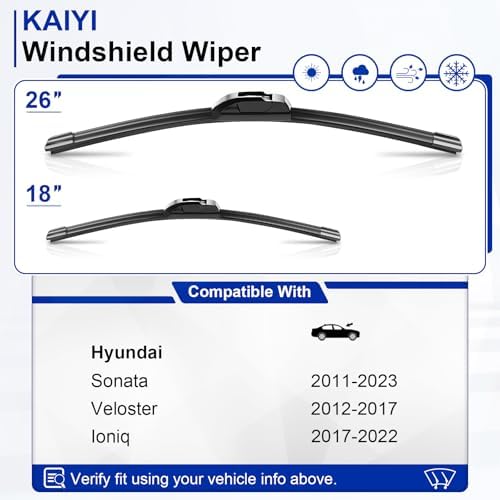 KAIYI 26" + 18" Windshield Wipers Compatible with Hyundai Sonata 2011-2023,Veloster 2012-2017,Ioniq 2017-2022 Premium Automotive Replacement Windshield Wiper Blades 2 Pack
