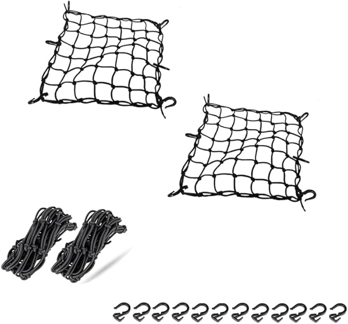 2Packs 15''x15'' Cargo Net, Heavy Duty Bungee Net Stretch up to 30'' x 30'',Gear Helmet Luggage Thicken Netting with 2"x2" Small Mesh & 6 Adjustable ABS Hooks for Motorcycle, Bike, ATV