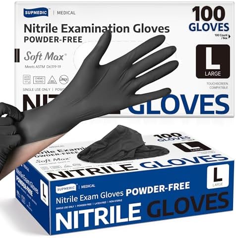 Supmedic Soft Max Disposable Nitrile Exam Gloves, Powder-Free Black, 100 Ct