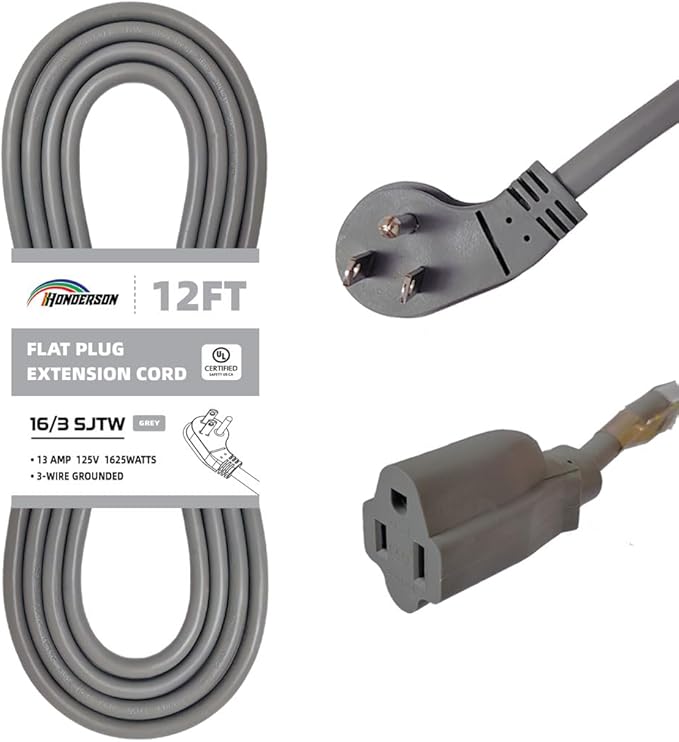 Flat Plug Indoor Extension Cord, UL Certified, 16 Gauge 12FT Grey 3 Prong Heavy Duty, 16/3 SJTW 13A Power Cord for Lights, Appliances, Home