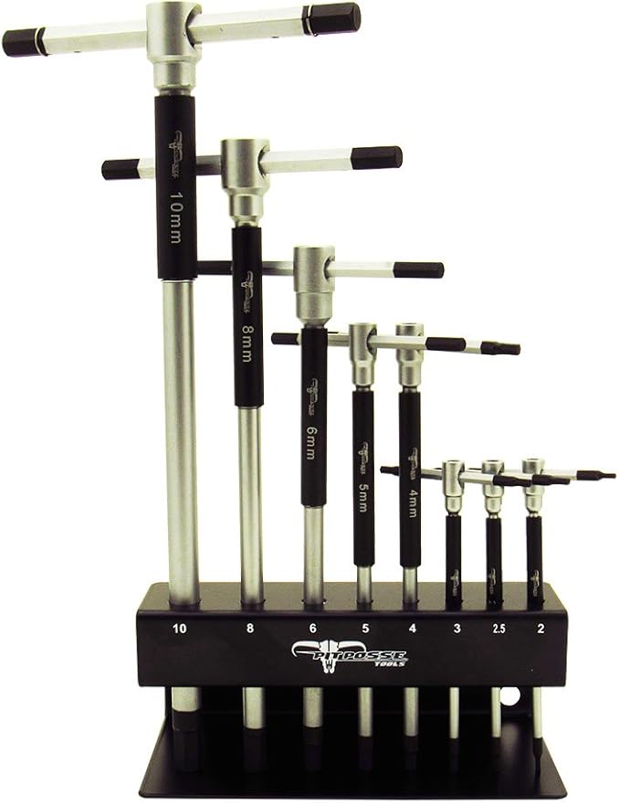Pit Posse 8pc Metric T-Handle Hex Allen Key Wrench Tool Set - 3-Way Rotating Spinning Sleeve for Fast Spin Action - Includes Storage Rack - Made of High Carbon Steel - Auto Bike Moto Bicycle