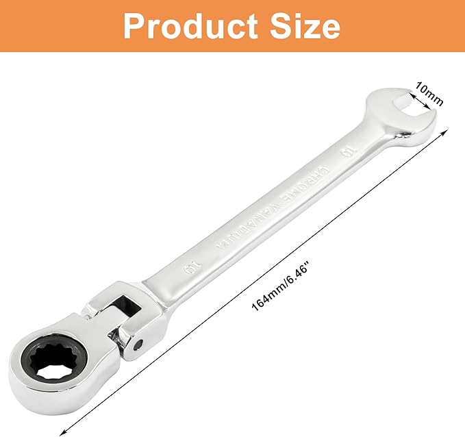 Piutouyar 10mm Flex-Head Ratcheting Wrench, Professional Metric Ratchet Wrench Combination Wrench Box Ended Spanner Tool for Projects Repair(5° Movement and 72 Teeth 12 Point, CR-V)