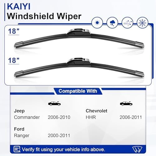 KAIYI 18" + 18" Windshield Wipers Compatible with Jeep Commander 2006-2010,Ford Ranger 2000-2011,Chevrolet HHR 2006-2011 Premium Automotive Replacement Windshield Wiper Blades 2 Pack