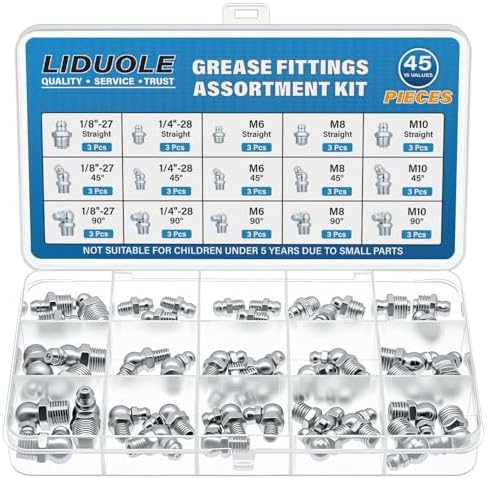 15Sizes Grease Fitting Assortment SAE and Metric Zerk Grease Fittings Kit 1/4 1/8 M6 M8 M10 Straight 45 90 Degree Zerks Nipples (Pack of 45Pcs)