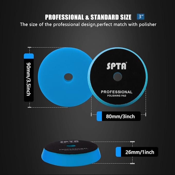 Blue T60 Moderate-Cut Foam Polishing Pads, SPTA 1Pc 3.5 Inch Face for 3 Inch 80mm Backing Plate Compound Buffing Sponge Pads for Car Buffer Polisher Compounding, Polishing and Waxing -FPTSS3G