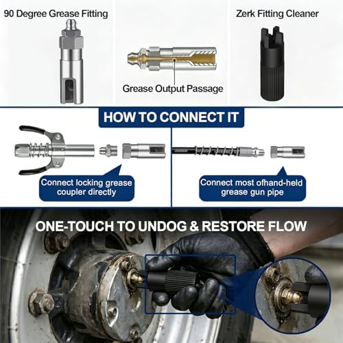 Grease Gun Tips, Grease Gun Coupler, Grease Gun Hose, 90 Degree Grease Gun Couple ＆ Slotted Right Angle 90 Degree Grease Coupler Combo, Zerk Fitting Cleaner, Straight And Bent Grease Needle Nozzles