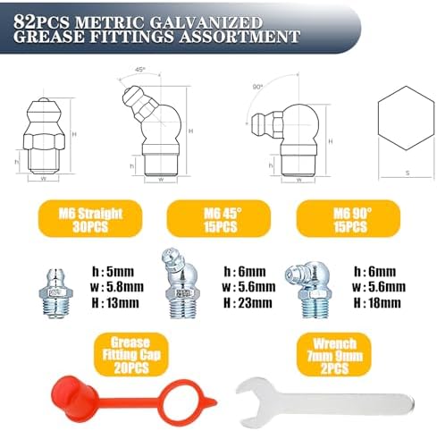 M6 Metric Grease Fittings - 82PCS Zerk Fittings Kit with Caps and Wrench Straight 45 90 Degree Angled Grease Nipples